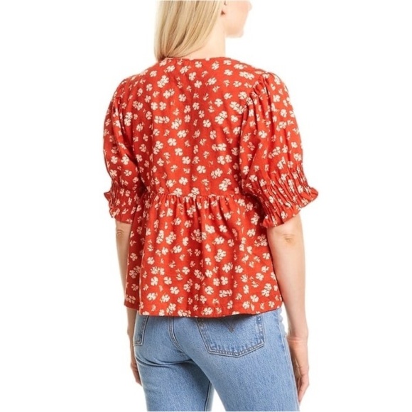 Madewell Puff Sleeve Floral Button- Front Top In Swiss Dot Happy Hibiscus size m - Picture 8 of 8